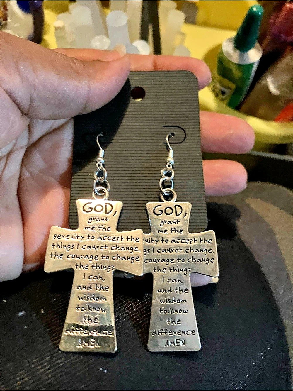 Silver Serenity Prayer Cross Dangle Earrings